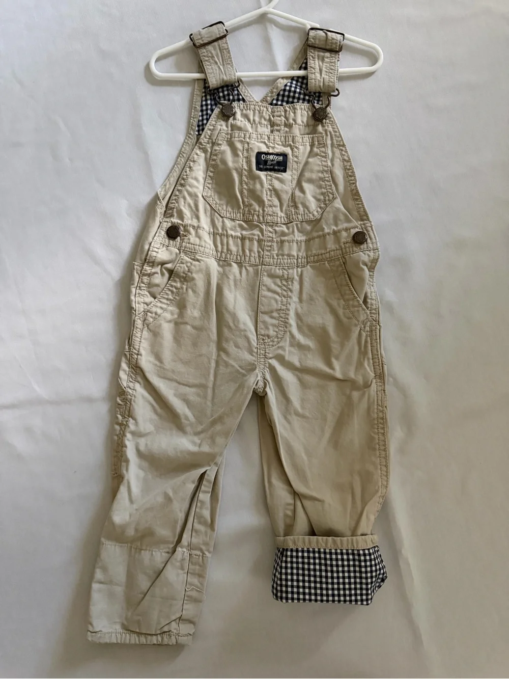 OshKosh B'gosh Beige Kids' Overalls - Tan Cotton Navy Gingham